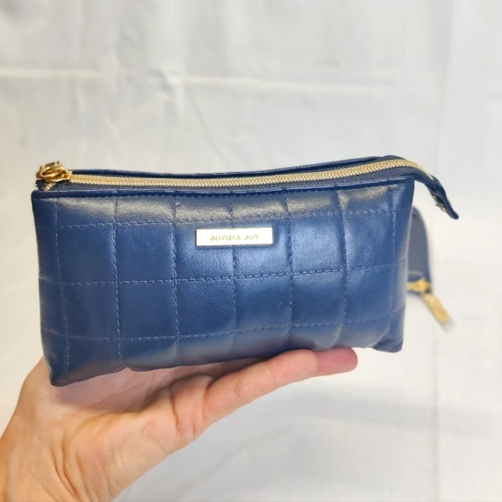 Two New Sophia Joy Makeup Bags Soft Quilted Navy Blue Faux Leather Zippers 4x7